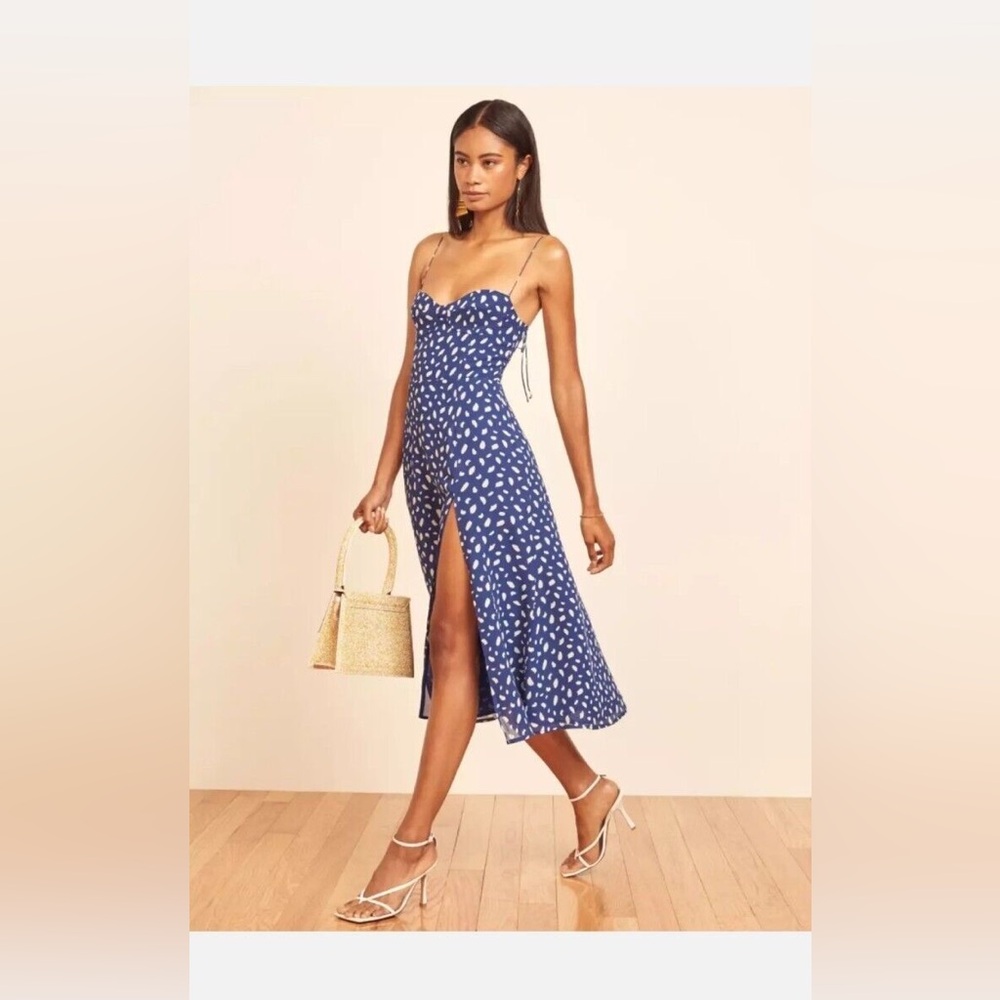 Reformation Juliette Dress Sweetheart Neckline Leg Slit Blue White Moray Print 4
